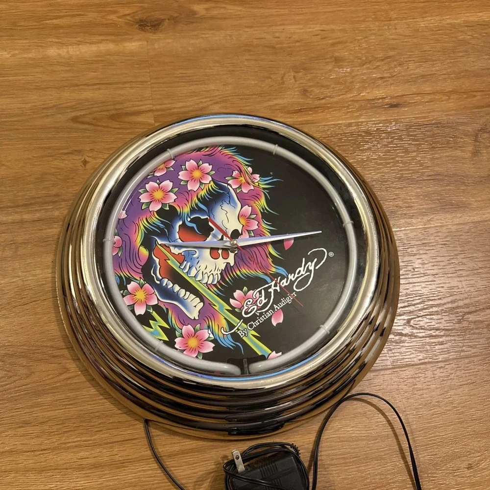 Ed Hardy Neon Wall Clock Skull Flowers Christian Audigier Y2K Tattoo Chrome 14.5